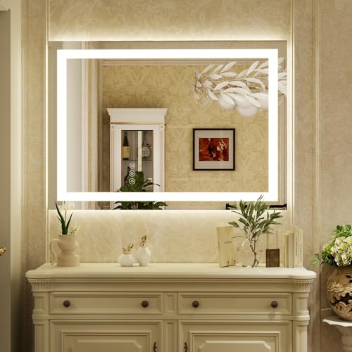 XRAMFY 30'' x 40'' LED Bathroom Mirror with Lights, Wall Mirror with Front and Backlight, 3 Colors Vanity Mirror with Lights, Anti-Fog Wall Mirror for Bathroom - size: 40"L x 30"W