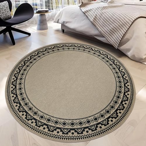 Round Easy Jute Rug 5Ft Washable Boho Carpet, Circle Black Geometric Design, Indoor Outdoor, for Farmhouse Bedroom Living Room Dorm Balcony Patio, Low Pile Thin Floor Mat - color: Boho, size: 5'