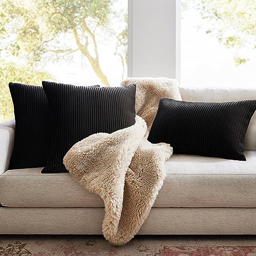 YCOLL Black Pillow Covers 24x24 Set of 2 Velvet Striped Pattern - Soft Throw Pillows for Home Decor, Luxury Decorative Pillow Covers for Couch, Bed,Living Room - color: Black, size: 24" x 24" (Pack of 2)