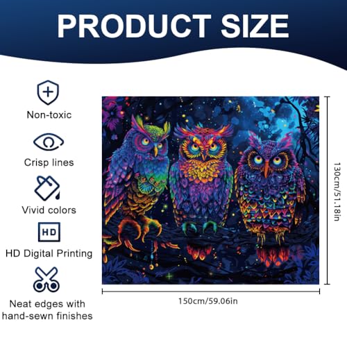 CRAFTYMELODY Owl Blacklight Tapestry Glow in the Dark Tapestry UV Reactive Colorful Forest Aniaml Wall Hanging 59×51 Inch with Hook Self Adhesive Sticker Clip for Bedroom Home Wall Decoration - color: Owl