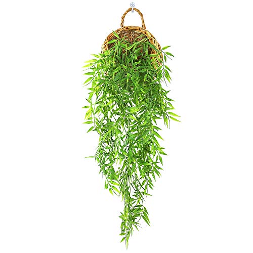 ANZOME Artificial Hanging Plants with Wall Basket, 2.7ft Faux Bamboo Vines for Shelf Decor, Fake Potted Greenery for Bathroom, Kitchen Cabinet Top (DIY Shapeable Set) - color: Wood+bamboo Leaves