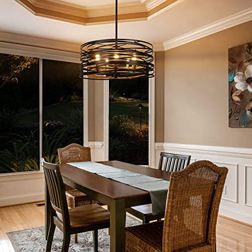 ACNKTZ 19.7'' Farmhouse Dining Room Light Fixture, 5-Light Metal Drum Chandelier, Black with Retro Wood Texture Interior - color: Black with Retro Wood Texture Interior, size: 19.7"/5-Light