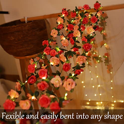 Fielegen 30 LED Rose Flower String Lights 8.2ft Artificial Flower Garland with Lights Hanging Fake Rose Flower Vine Lights for Garden Wedding Party Decor Birthday Bedroom Wall Decor