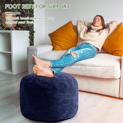 HIGOGOGO Round Stuffed Pouf Ottoman, Corduroy Poufs with Foam Chunk Filling, Furry and Fluffy Pouf Foot Stool Storage Ottoman, 26 X 18 Floor Poufs Foot Rest for Living Room, Navy - color: Navy, size: 26"D x 26"W x 18"H