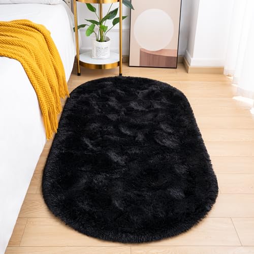 Goideal Fluffy Bedroom Rug, Small Oval Area Rugs, Black Shag Bedside Carpet for Kids Room Nursery Dorm Cute Fuzzy Indoor Decor for Boy and Girl, 2.6 x 5.3 Feet - color: Black