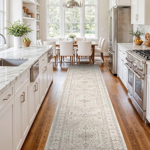 3x14 Runner Rug for Hallway Washable: Non Slip Kitchen Rugs with Rubber Backing Soft Waterproof Mats Stain Resistant Indoor Vintage Carpet Runner for Bedroom Bathroom Laundry Entryway Beige/Gray - color: Beige/Gray, size: 3' x 14' (Rectangular)