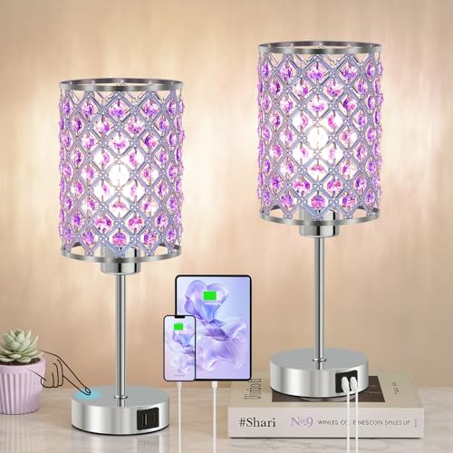 GyroVu Purple Crystal Table Lamps Set of 2, Dimmable Touch Control Bedside Lamps with USB C+A Ports, Small Night Lights for Bedroom, Living Room, Girls Room, Home Office, Bulbs Included - color: Purple-2, size: 14.75"