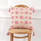 Xiao Hua Boho Tufted Decorative Throw Pillow Cover, Cozy Bohemian Cotton Canvas Cushion Cover Tassels Pillow Case Home Decor 17"X 17",Pink
