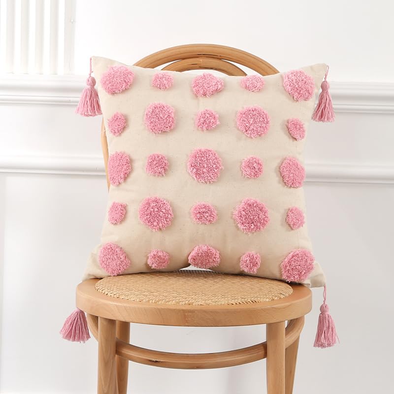Xiao Hua Boho Tufted Decorative Throw Pillow Cover, Cozy Bohemian Cotton Canvas Cushion Cover Tassels Pillow Case Home Decor 17"X 17",Pink