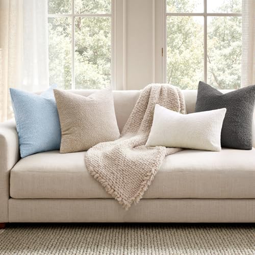 Pack of 2 18x18 Inch Decorative Boucle Throw Pillow Covers Textured Square Pillowcaes Accent Solid Cozy Soft Cushion Covers Home Decor for Sofa Couch Living Room Home Decor,Coastal Light Blue - color: Light Blue, size: 18" x 18" (Pack of 2)