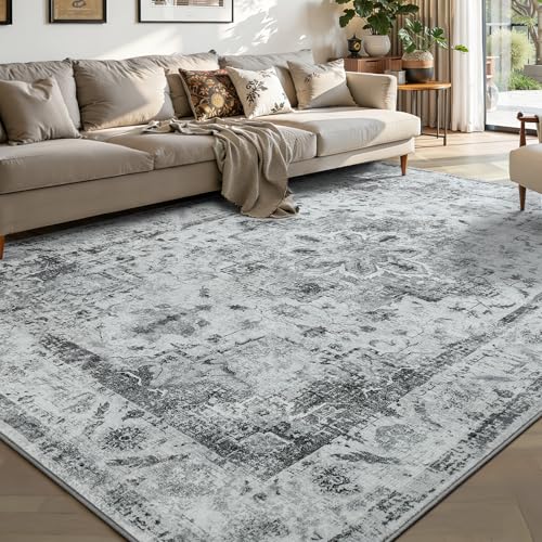 YOH Boho Washable Rug 4x6, Light Gray Vintage Non Slip Area Rug, Distressed Indoor Carpet for Living Room Bedroom Kitchen Office - color: Light Gray, size: 4' x 6' (Rectangular)