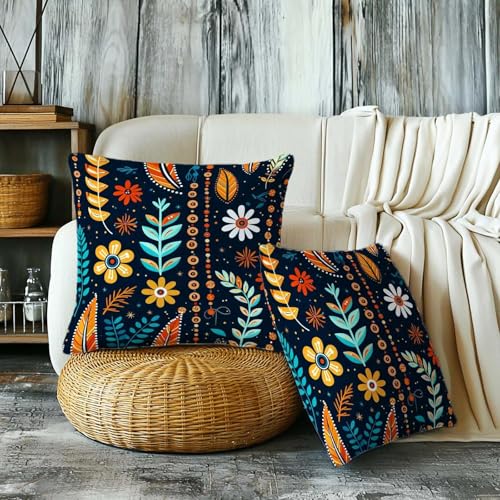 Firmiso Scandinavian Folk Art Throw Pillow Covers 18x18 Set of 2 | Floral Decorative Cushion Covers for Sofa Couch Bed | Boho Nordic Inspired Home Decor Pillow Cases | Navy Blue Orange Accent - color: Folk Art
