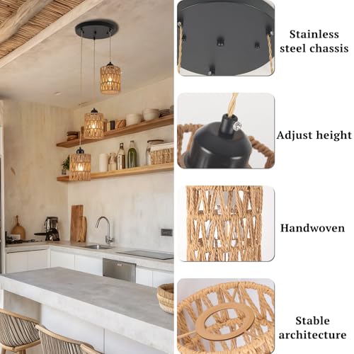Finktonglan 3-Light Rattan Pendant Light, Boho Farmhouse Woven Hanging Light Fixture, Adjustable Kitchen Island Pendant Lighting for Dining Room Bedroom Entryway, Bulbs Not Included