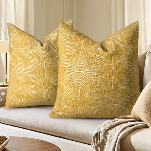 AELS Boho Decorative Textured Throw Pillow Covers 26x26, Organic Modern Mid Century Rainbow Tufted Pillow Case, Farmhouse Rustic Geometric Woven Cushion Case for Bed Couch Sofa, Mustard Yellow - color: Mustard Yellow, size: 26" x 26" (Pack of 2)