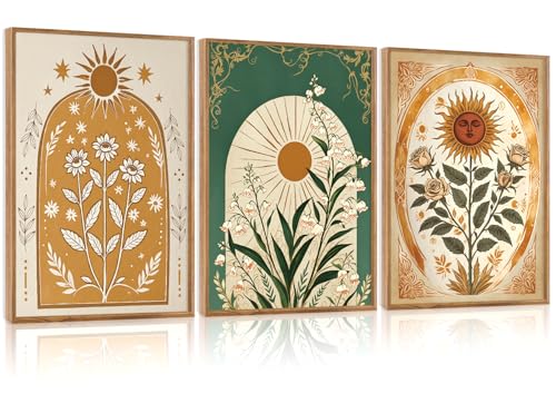 CHDITB Modern Bohemian Celestial Wall Art Set Of 3, Boho Sun Floral Tarot Wall Decor, Nature Mystery India Painting, Minimalist Green Lily Flower Art Prints For Dining Room Bedroom Decor 12”x16” - color: Boho floral
