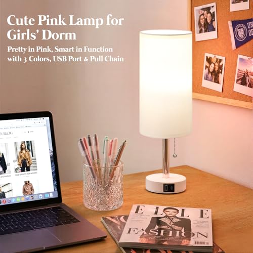Dicoool Small Bedside Table lamp for Bedroom - 3 Color Modes, Desk Lamp with USB-C and USB-A Charging Ports, Pull Chain, Nightstand Light for Office, Kids Room, Dorm Lamp - color: White-White