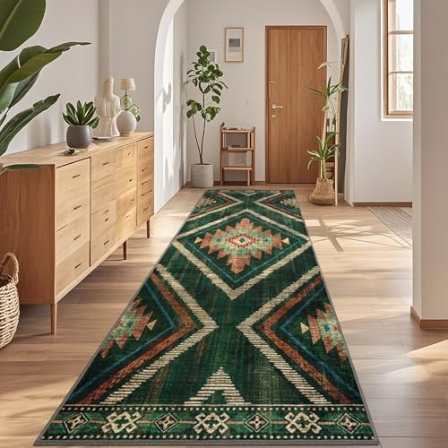 Boho 2.6x8ft Runner Rugs for Hallway Kitchen Non Slip, Long Green Geometric Washable Entryway Rug Runners Low Pile, Soft Vintage Indoor Floor Carpet for Doorway Bedroom Farmhouse Home Decor - color: Green, size: 2'7" x 8' (Rectangular)
