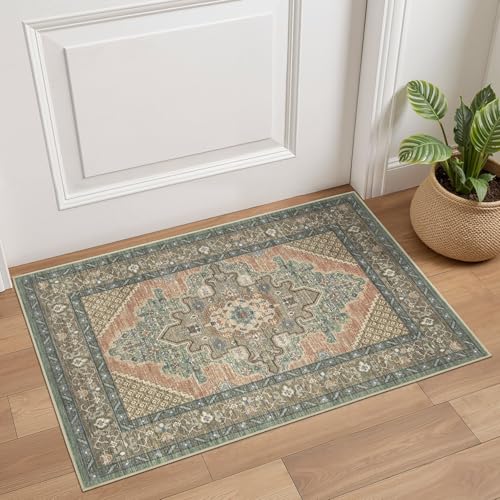 Tortania Area Rug 2x3 Doormat - Washable Vintage Oriental Farmhouse Soft Thin Indoor Carpet for Living Room Bedroom Hallway Entryway Kitchen - Sage Terracotta - color: Sage Terracotta, size: 2' x 3' (Rectangular)