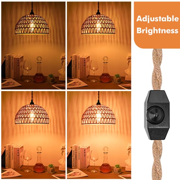 Plug in Pendant Light Rattan Hanging Lamp with 15 Ft Hemp Rope Cord, Wicker Hanging Lights with Bamboo Basket Lamp Shade,Dimmable Switch Woven Boho Plug in Ceiling Light for Living Room Bedroom