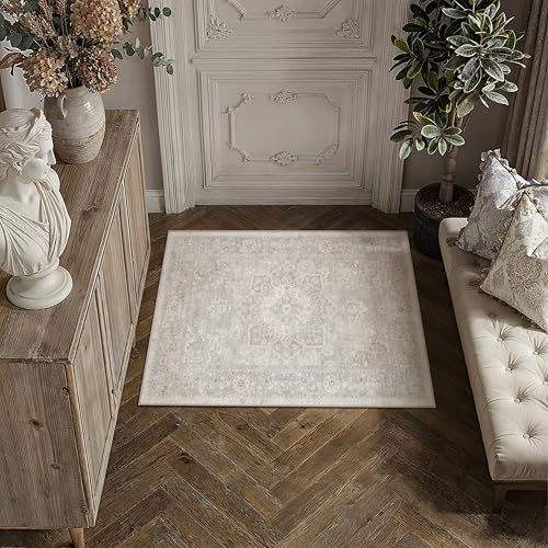 PureCozy Gray 2x3 Entryway Area Rug Washable Vintage Door Mat Non Slip Low Pile Carpet Indoor Soft Retro Mat Oriental Medallion Grey Accent Throw Rug for Bathroom Office Bedroom Living Room - color: Grey, size: 2' x 3' (Rectangular)