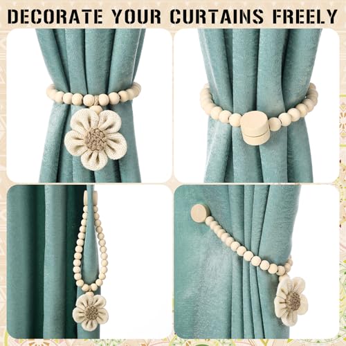 2 Pcs Beaded Sunflower Magnetic Curtain Tiebacks Boho Wooden Curtain Tie Backs for Farmhouse Curtains Holders for Bedroom Decor Baby Nursery Decor for Home Office(Linen,Classic Style) - style: Classic Style