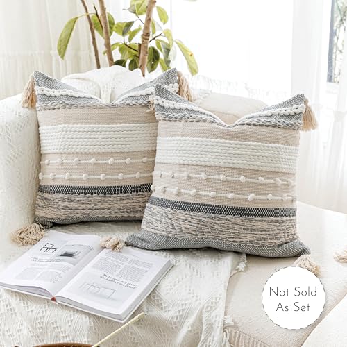 BlissBlush Gray Boho Throw Pillow Cover 22x22, Grey Decorative Accent Pillow for Couch, Square Woven Textured Pillowcase, Modern Farmhouse Pillow for Bed, Bohemian Pillow Cover (Pack of 1) - color: Gray, size: 22" x 22" (Pack of 1)