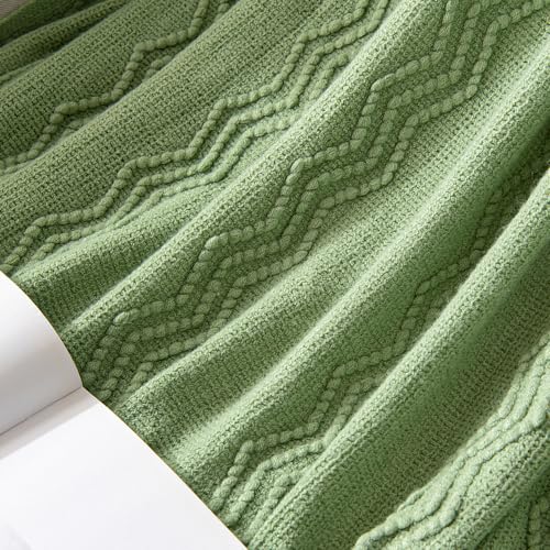 MIULEE Sage Green Knitted Throw Blanket for Couch Textured Spring Knit Blanket with Tassels Cozy Woven Boho Bed Blanket for Sofa Bed Chair Acrylic Wave Pattern 50"x60" - color: Sage Green, size: 50" x 60"