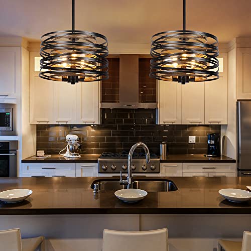 12.6'' Farmhouse Chandeliers for Dining Room, 3-Light Industrial Metal Hanging Light Fixture, Rustic Drum Pendant Light for Entryway Kitchen Foyer Bedroom, Black with Retro Wood Texture Interior - color: Black with Retro Wood Texture Interior, size: 12.6"