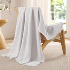 Exclusivo Mezcla 100% Cotton Muslin Throw Blanket, 4 Layers Breathable and Lightweight Gauze Blankets with Fringes for Couch, Soft, Decorative, 50"x70", Light Grey
