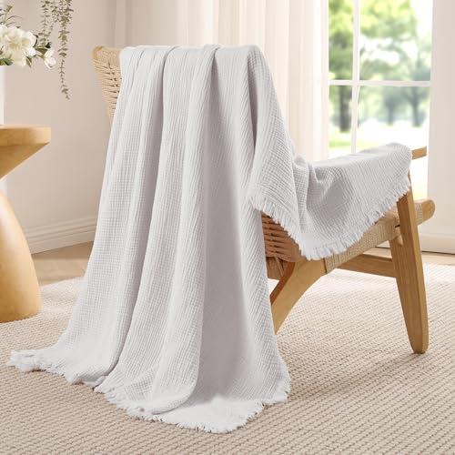 Exclusivo Mezcla 100% Cotton Muslin Throw Blanket, 4 Layers Breathable and Lightweight Gauze Blankets with Fringes for Couch, Soft, Decorative, 50"x70", Light Grey