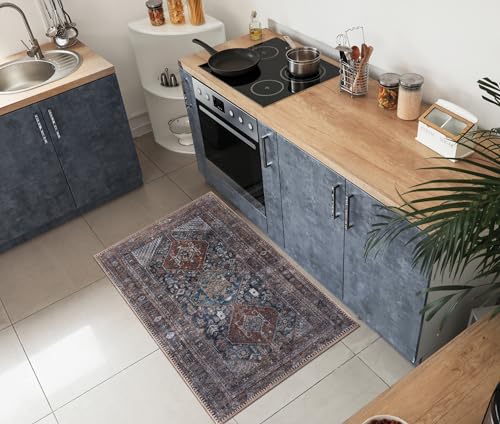 Keen Home Design 24"x36" Rug - Machine Washable Entry Rug with Non-Slip Backing, Ideal for Enteryway, Kitchen, Bathroom, Laundry Room - Vintage, Easy Clean, Durable, Low Pile - (2' x 3') - color: Navy/Brown, size: 2' x 3' (Rectangular)