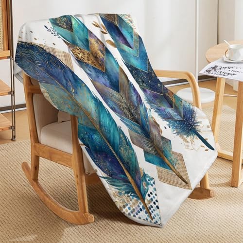 Blanket Bohemian Feather Leaf Throw Blanket for Women Men, 30"x40" Vintage Gold Geometry Plush Flannel Throws, Decor for Bed Couch Bedroom - color: Bohemian Feather Leaf, size: 30"x40"