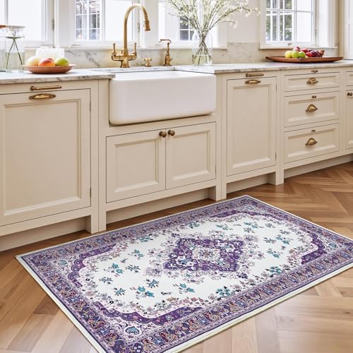 HOMORE Vintage Runner Rug-2x4 Hallway Runner Rug for Entryway Non Slip Washable Bedroom Rug Faux Wool Lavender Floor Carpet Runner for Kitchen Indoor Front Entrance Laundry Living Room Dorm, Purple - color: Purple, size: 2' x 4' (Rectangular)