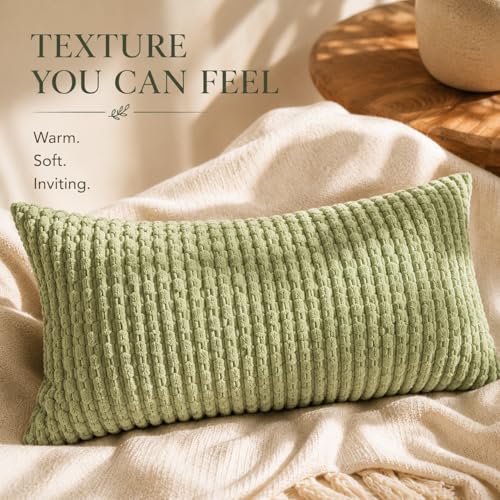 JoraLion 12x24 Boho Decorative Lumbar Throw Pillow Cover, Sage Green Cozy Soft Striped Corduroy Long Rectangle Cushion Case Accent Home Decor for Sofa Bed Room Livingroom, ONLY Cover - color: Sage Green, size: 24" x 12" (Pack of 1)