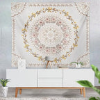 Orange Bohemian Tapestry Wall Hanging, Mandala Floral Medallion Hippie Tapestry with Light Brown Aesthetic Wreath Design, Cream Wall Decor Blanket for Bedroom Home Dorm