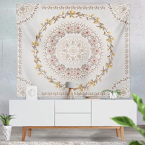 Orange Bohemian Tapestry Wall Hanging, Mandala Floral Medallion Hippie Tapestry with Light Brown Aesthetic Wreath Design, Cream Wall Decor Blanket for Bedroom Home Dorm