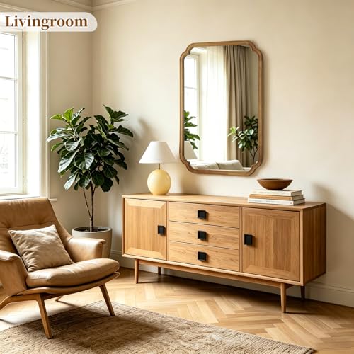 HOMECOOKIN Wood Bathroom Mirror for Wall Decor Arched Rounded Corner Rustic Wood Frame Wall Mirror Home Decorative for Vanity, Living Room, Bedroom, Entryway (24 x 36 inch, Natural) - color: Natural, size: 36"L x 24"W