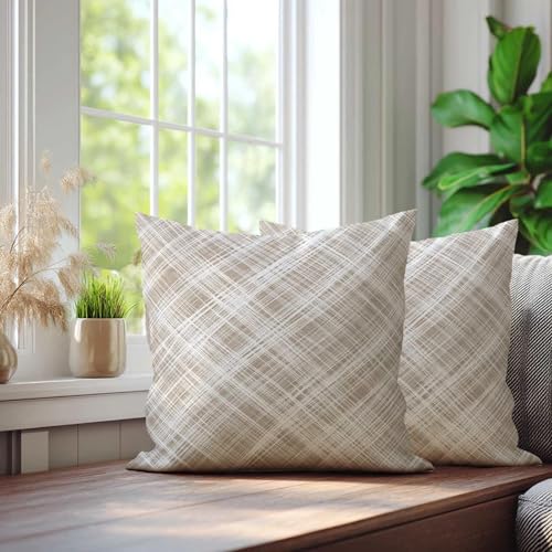 Crosshatch Throw Pillow Covers 18x18 Set of 2 | Beige White Decorative Cushion Covers | Neutral Farmhouse Pillow Cases for Couch Sofa Bed Living Room - color: Neutral Crosshatch