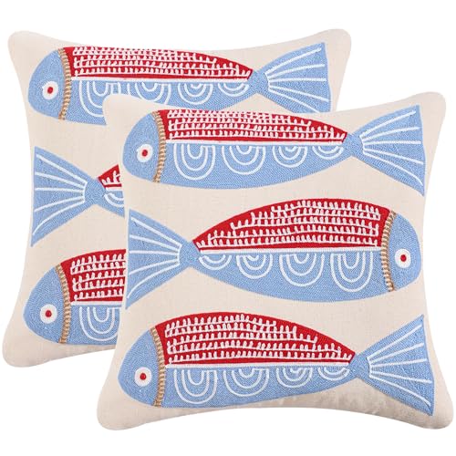 LUOYEHK Summer Embroidered Throw Pillow Covers 18x18 Inch Pack of 2 Coastal Canvas Beach Cushion Covers for Couch Sofa Bed Living Room (Red Fish) - color: A Pair of Seahorses