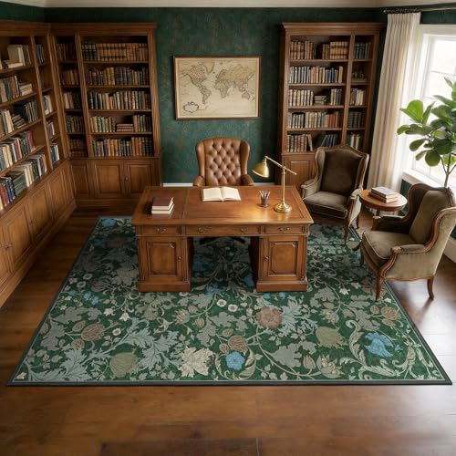 Forest Green Floral Area Rug 5x7 for Living Room, Washable Vintage Farmhouse Botanical Rug, Non Slip Low Pile Thin Floor Carpet, Soft Decorative Rug for Bedroom Dining Room Home Office - color: Green, size: 5'x7'