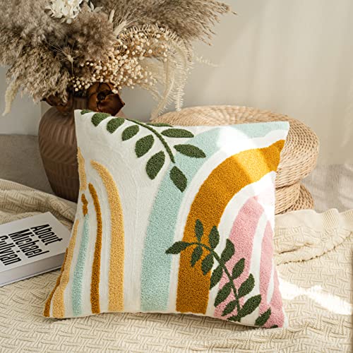 Stylish Bohu Colorful Throw Pillow Covers 18x18,Soft Mid Century Floral Minimalist Geometric Line Aesthetic Embroidered Throw Pillowcases for Couch Sofa Bedroom Living Room,1PC - color: Brown,green,wathet,pink