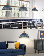 ELYONA 2 Pack Large Ash Wood Pendant Light Fixtures 16 Inch Hammered Metal Dome Hanging Lamp with Brass Handle Chandeliers for Farmhouse Kitchen Island Dining Room Sink Bedroom Hallway, Modern Blue - color: Blue - 2 Pack