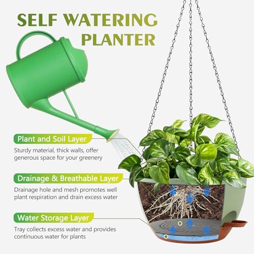 GARDIFE Hanging Planters for Indoor Outdoor Plants, 2 Pack Self Watering Hanging Pot with Drainage Holes & Removable Tray (Green, 10 inch) - color: Green, size: 10 inch