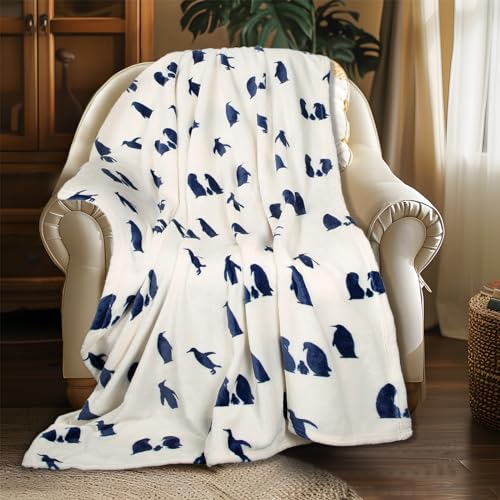 MACEVIA Flannel Fleece Penguin Throw Blanket, Cute & Soft for Bed, Sofa, Travel & Camping, 260GSM (Navy, 50"x60") - color: Penguin Print Navy, size: Flannel Fleece (50x60 IN)