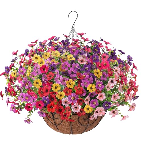 HyeFlora Artificial Fake Hanging Plants Flowers with Basket Outdoor Decor Faux Silk Dasiy Flower Arrangements in Pot Planter for Porch Home Indoor Patio Garden Yard Decoration - color: 6 Multicolor