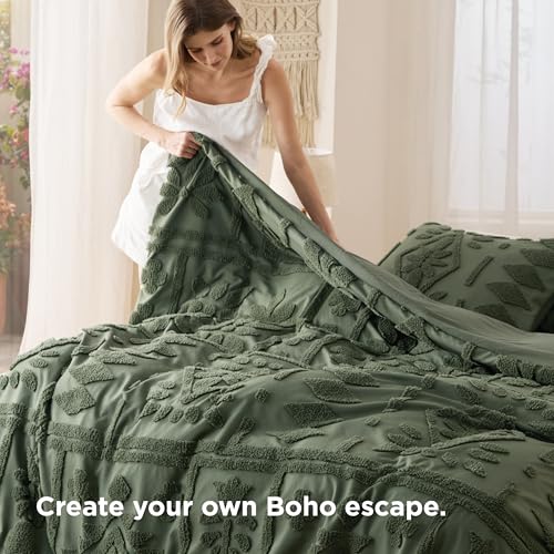 Bedsure Boho Duvet Cover Queen Size, Soft & Comfortable Elegant Design Boho Bedding for Decoration, Machine Washable Comforter Cover for All Seasons,Includes 1 Duvet Cover & 2 Pillow Shams,Olive Green - color: 05 - Olive Green (No Comforter), size: Queen