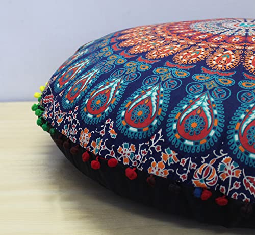 CRAFT KALA 32" in Round Mandala Floor Pillow Cushion Cover Seating Throw Cover Hippie Decorative Bohemian Ottoman Poufs Pillow Cover Cases Boho Cotton Living Yoga Home Décor Room (Multi Peacock) - color: Multi Peacock
