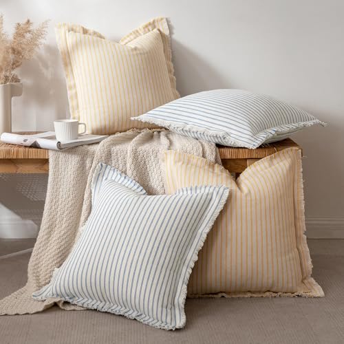 MIULEE Pack of 2 Light Blue Pillow Covers 18x18 Inch Striped Farmhouse Couch Spring Spring Throw Pillow Covers with Fringe Chic Cotton Decorative Cushion Covers for Sofa Living Room Bed Home Decor - color: Light Blue, size: 18" x 18" (Pack of 2)