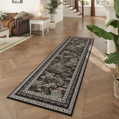 Rugcomf 2x6 Runner Rug Impressionist-Style Vintage Kitchen Rugs Non Slip Washable Soft Carpet Runner for Kitchen Laundry Bedroom Bathroom, Black - color: Black, size: 2' x 6' (Rectangular)