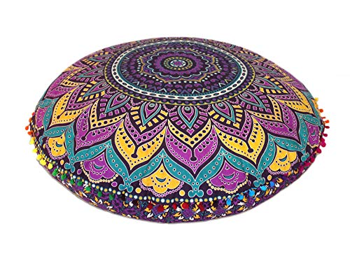 CRAFT KALA Mandala Floor Pillow Cushion Cover Seating Throw Cover Hippie Decorative Bohemian Ottoman Poufs Pom Pom Pillow Cases Boho Indian Cotton Living Room Yoga Home Décor 24" Round, New Pink Ombre - color: New Pink Ombre, size: 24" x 24" (Pack of 1)